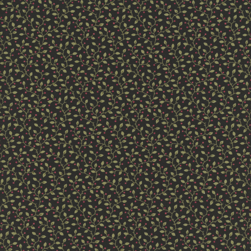 Black fabric with a pattern of leaves accented with subtle red sprigs.