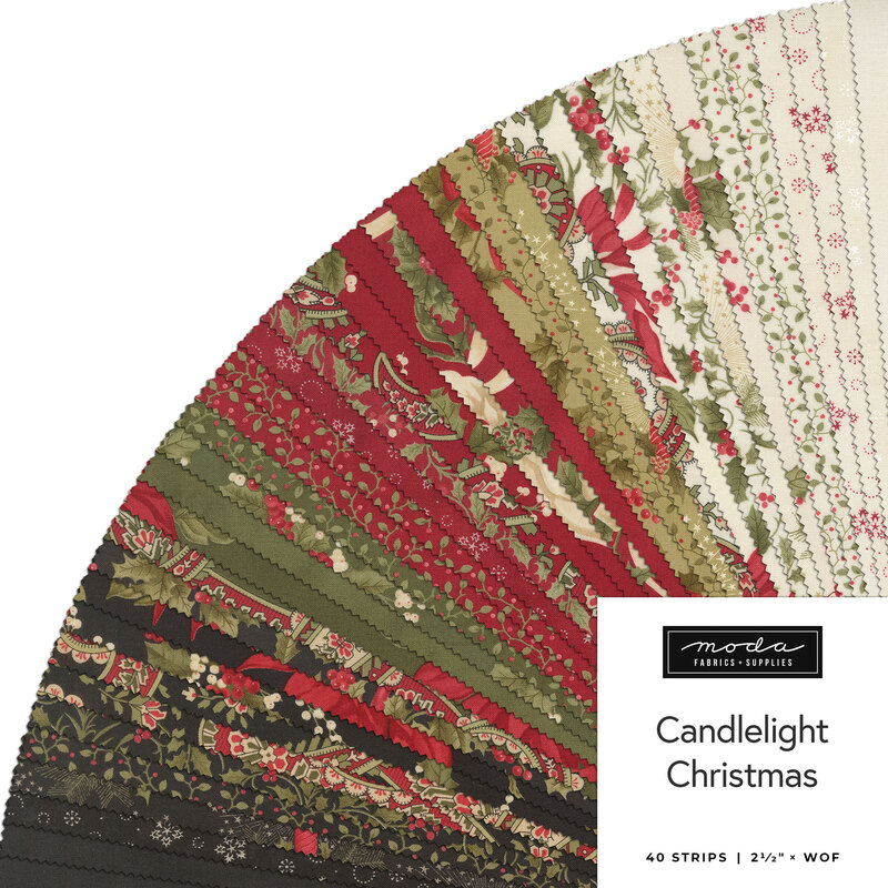 Fabric collection featuring red, green, and cream strips with floral patterns, labeled Candlelight Christmas.