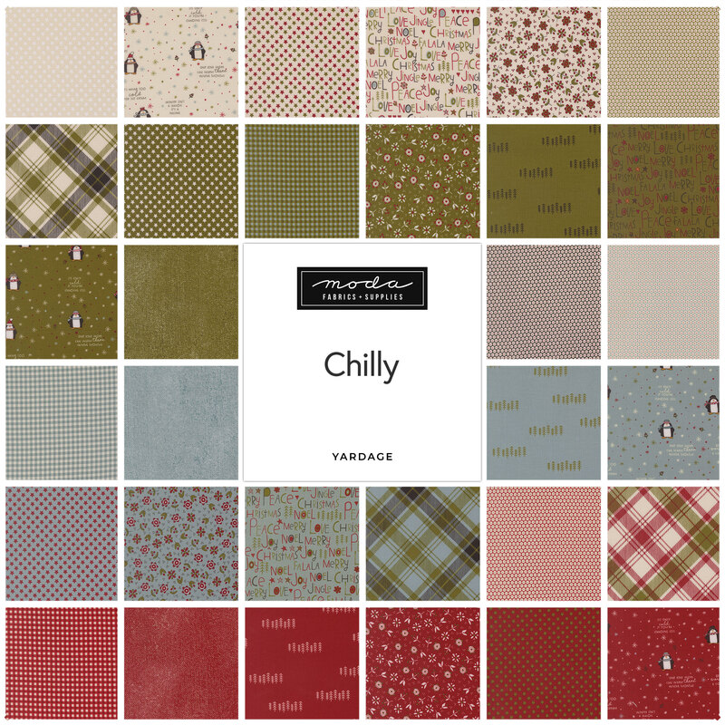 A grid of various fabric patterns in shades of red, green, and blue labeled Chilly by Moda.