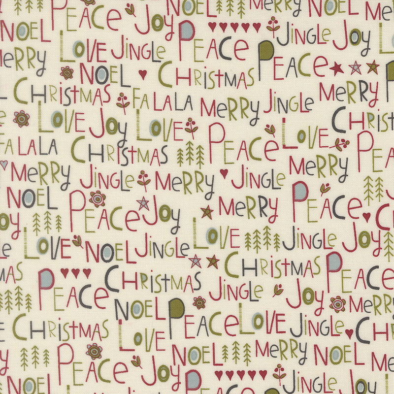 Cream fabric with Christmas-themed text paired with stylized holiday elements.
