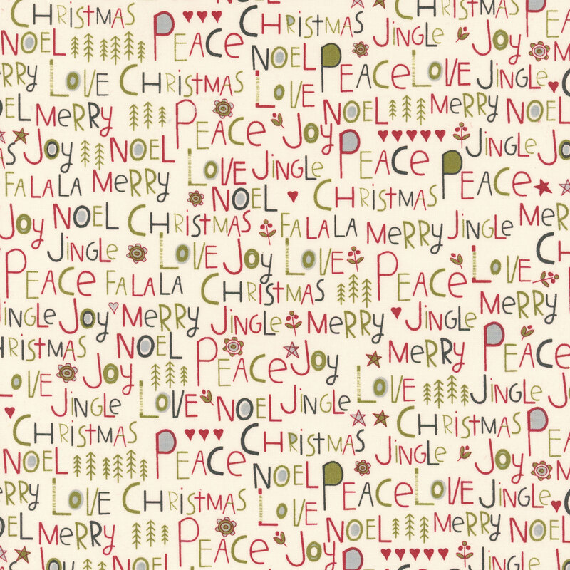Cream fabric with Christmas-themed text paired with stylized holiday elements.