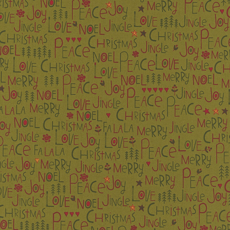 Green fabric with Christmas-themed text paired with stylized holiday elements.