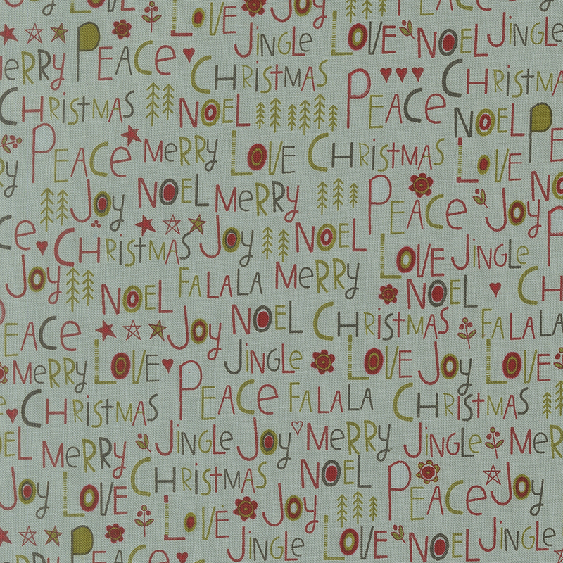 Muted aqua fabric with Christmas-themed text paired with stylized holiday elements.