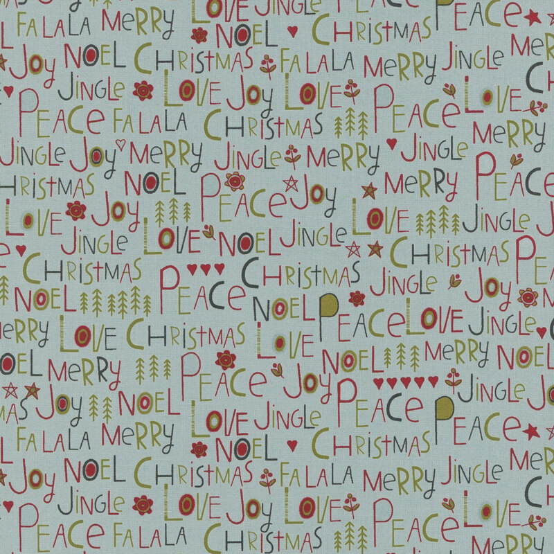 Muted aqua fabric with Christmas-themed text paired with stylized holiday elements.