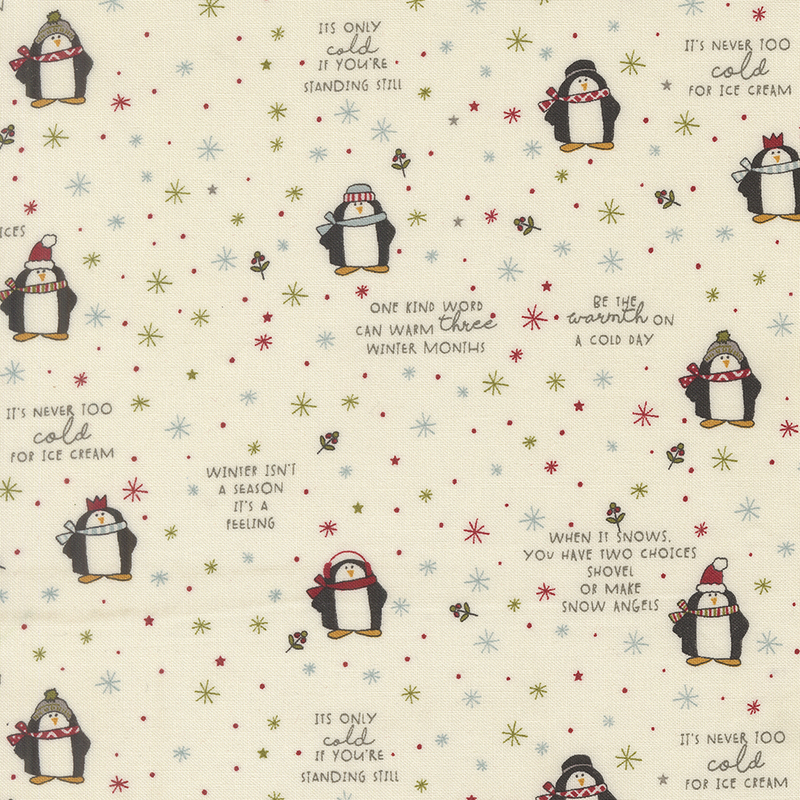 Cream fabric decorated with a whimsical pattern of cartoon penguins, snowflakes, stars, holly, and winter-themed phrases.