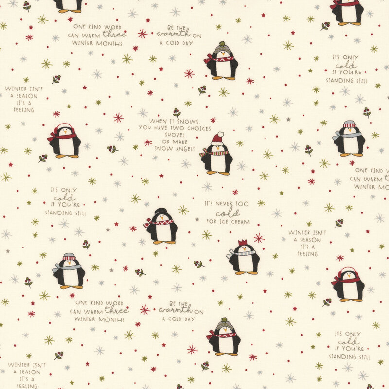 Cream fabric decorated with a whimsical pattern of cartoon penguins, snowflakes, stars, holly, and winter-themed phrases.