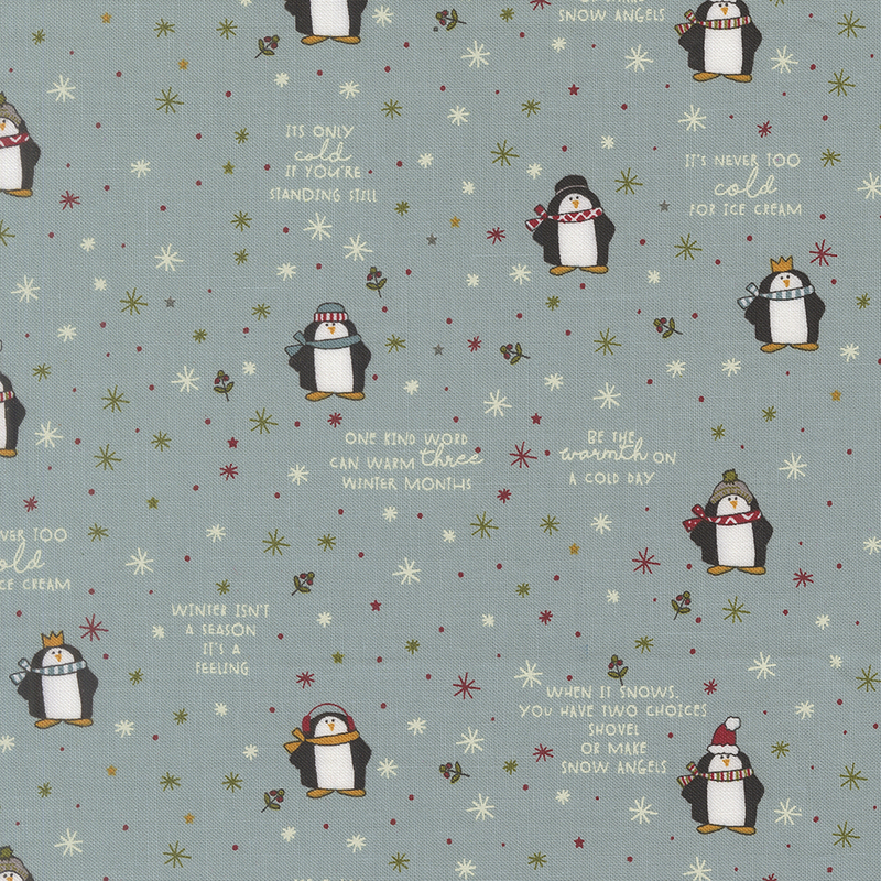 Dark aqua fabric with a whimsical pattern of cartoon penguins, snowflakes, stars, holly, and winter-themed phrases.