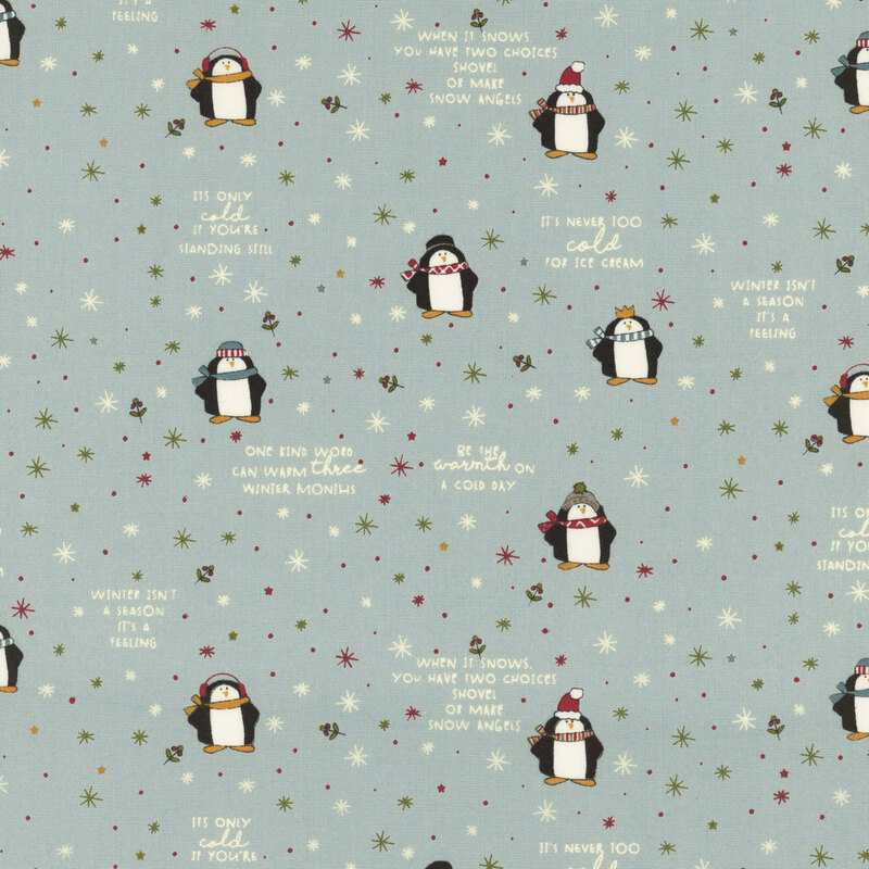 Dark aqua fabric with a whimsical pattern of cartoon penguins, snowflakes, stars, holly, and winter-themed phrases.