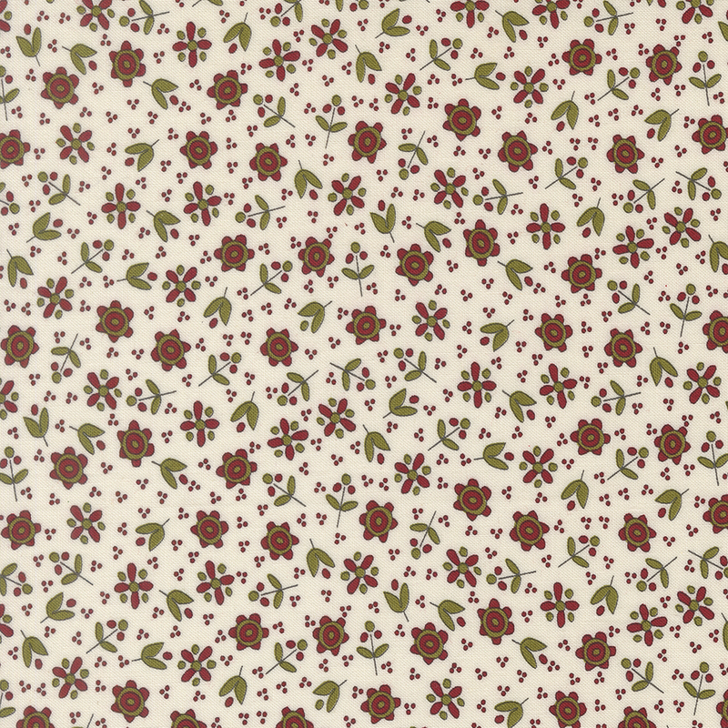 White fabric adorned with a pattern of small calico florals and pin dots.