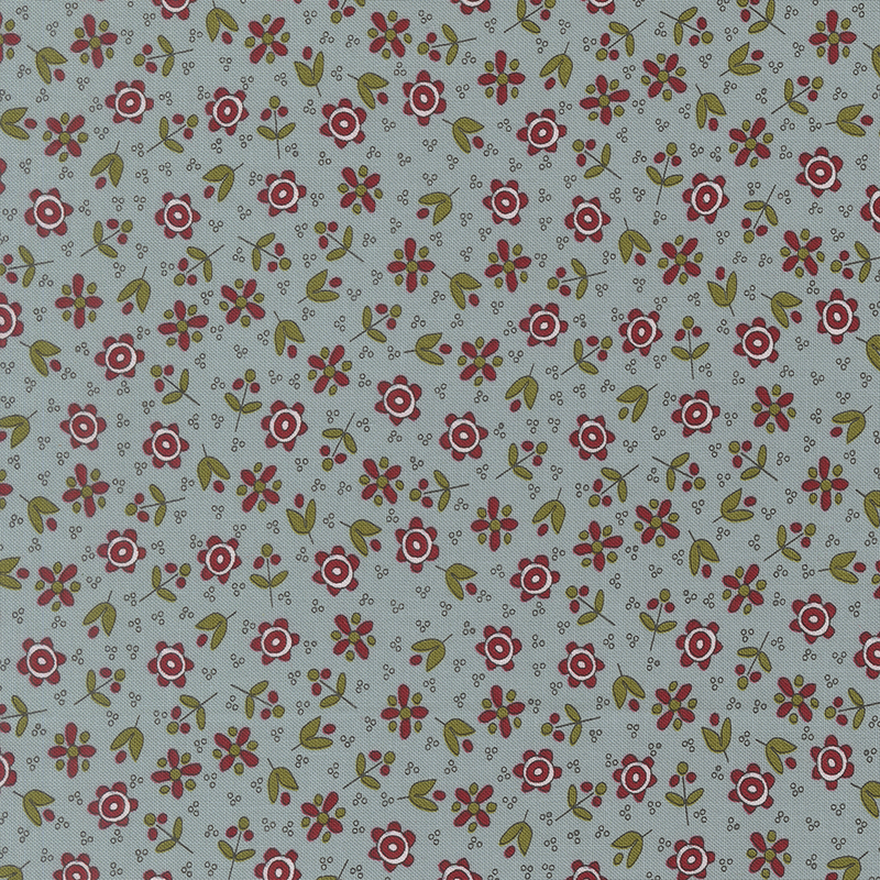 Aqua fabric adorned with a pattern of small calico florals and pin dots.