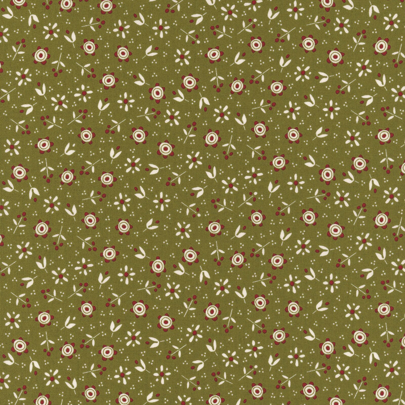Green fabric with a pattern of small calico florals and pin dots.