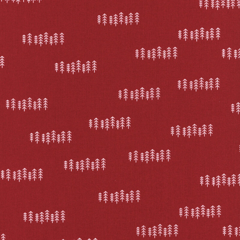 Red fabric patterned with rows of pink pine trees.