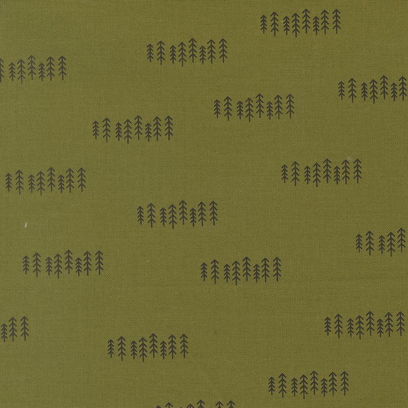 Sage green fabric with rows of black pine trees.