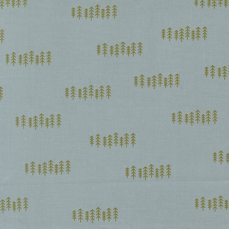 Dark aqua fabric patterned with rows of green pine trees.
