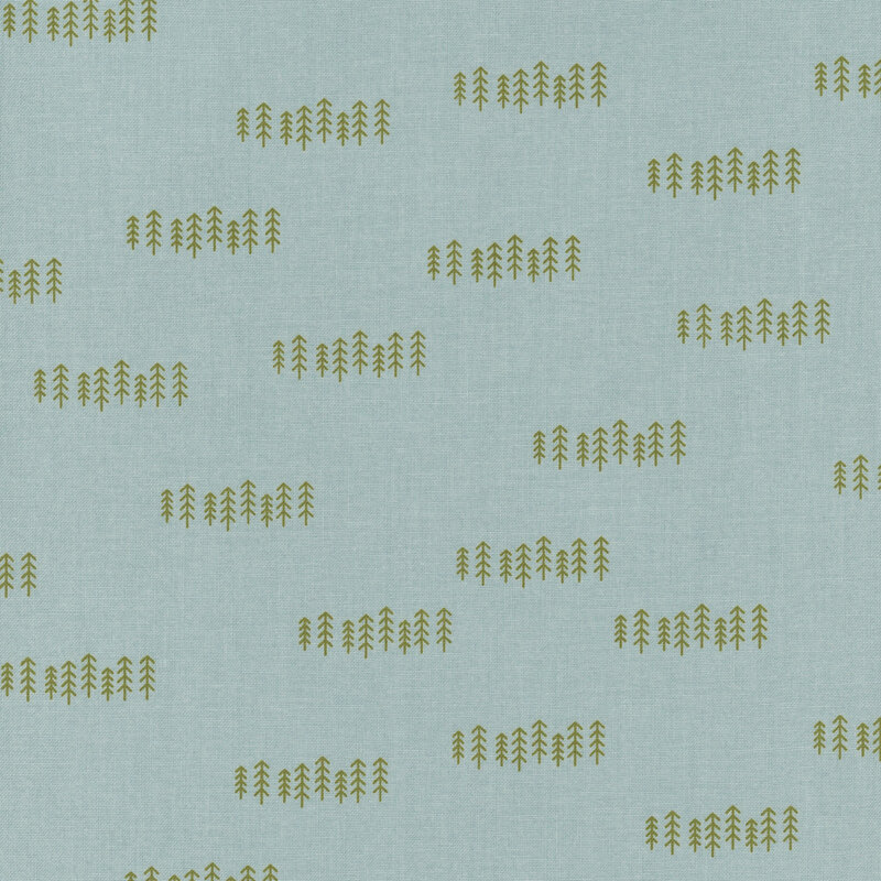 Dark aqua fabric patterned with rows of green pine trees.