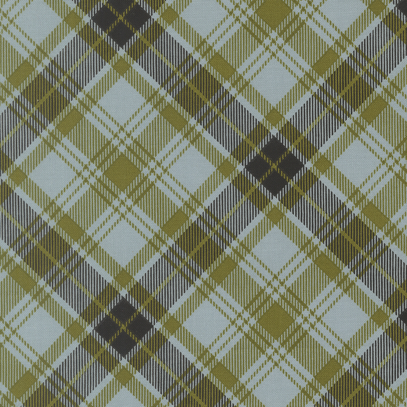 Dark aqua fabric decorated with a timeless diagonal black and green plaid pattern.