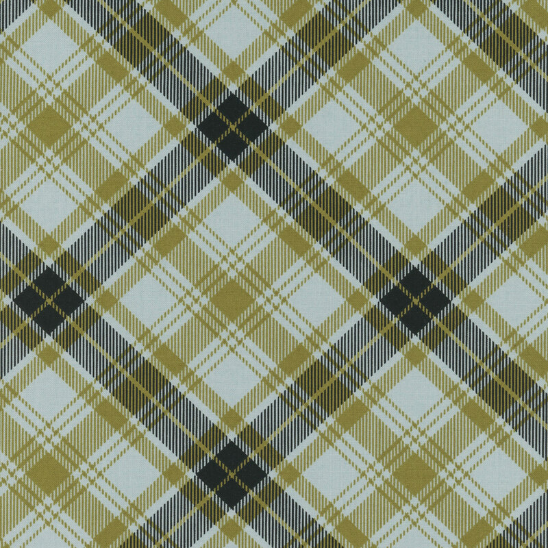 Dark aqua fabric decorated with a timeless diagonal black and green plaid pattern.