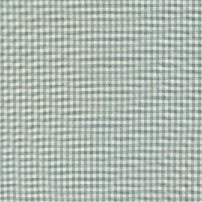 White fabric adorned with a small aqua gingham pattern.