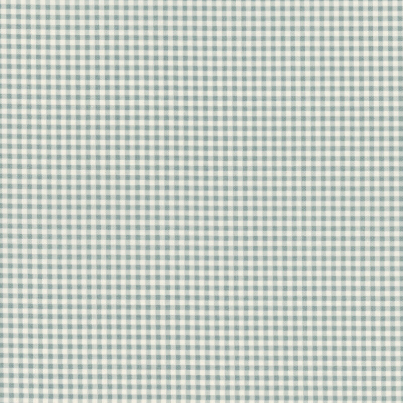 White fabric adorned with a small aqua gingham pattern.