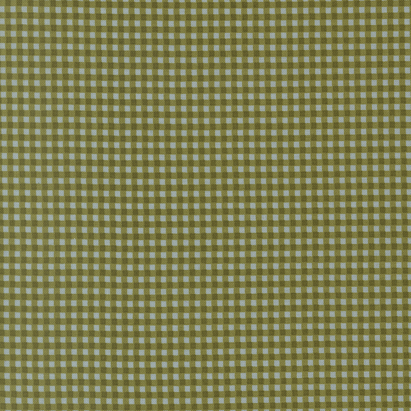Blue fabric adorned with a small green gingham pattern.