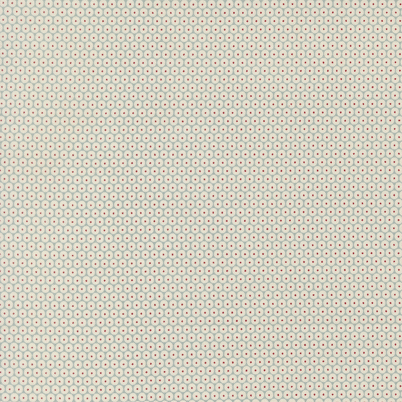 Pale aqua fabric with a dense pattern of white circles accented by red-centered dots.