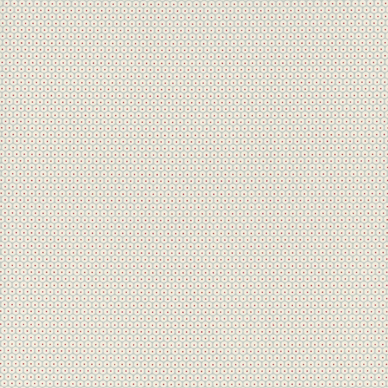 Pale aqua fabric with a dense pattern of white circles accented by red-centered dots.