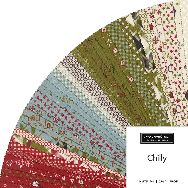 A circular display of fabric strips in various colors and patterns, titled Chilly by Moda.