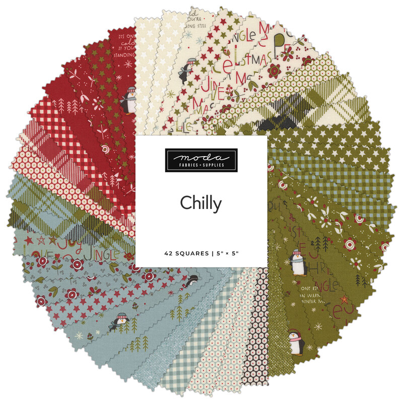 A circular arrangement of 42 fabric squares in festive patterns and colors titled Chilly by Moda.