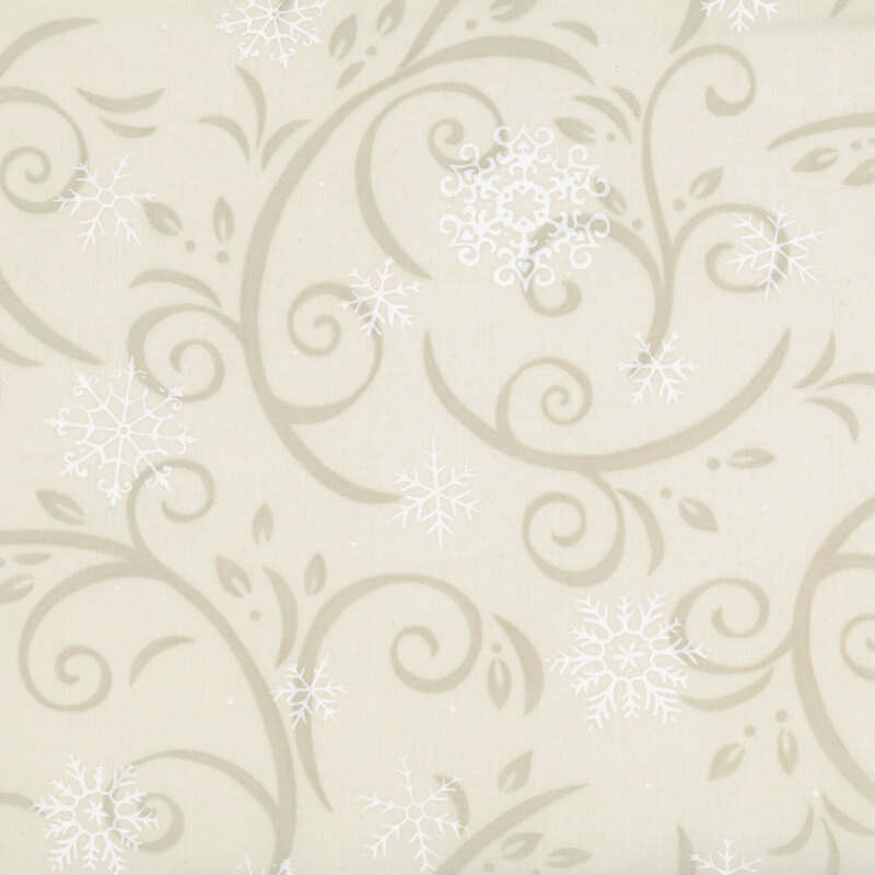 Beige fabric with tan flourishes and white snowflakes