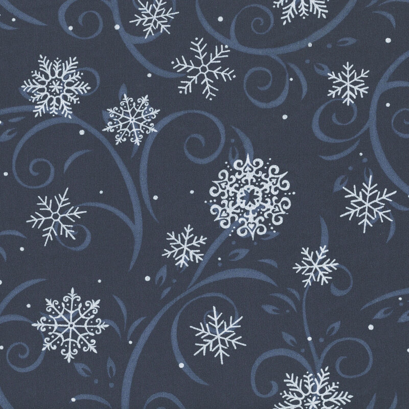 Midnight blue fabric with light indigo flourishes and white snowflakes