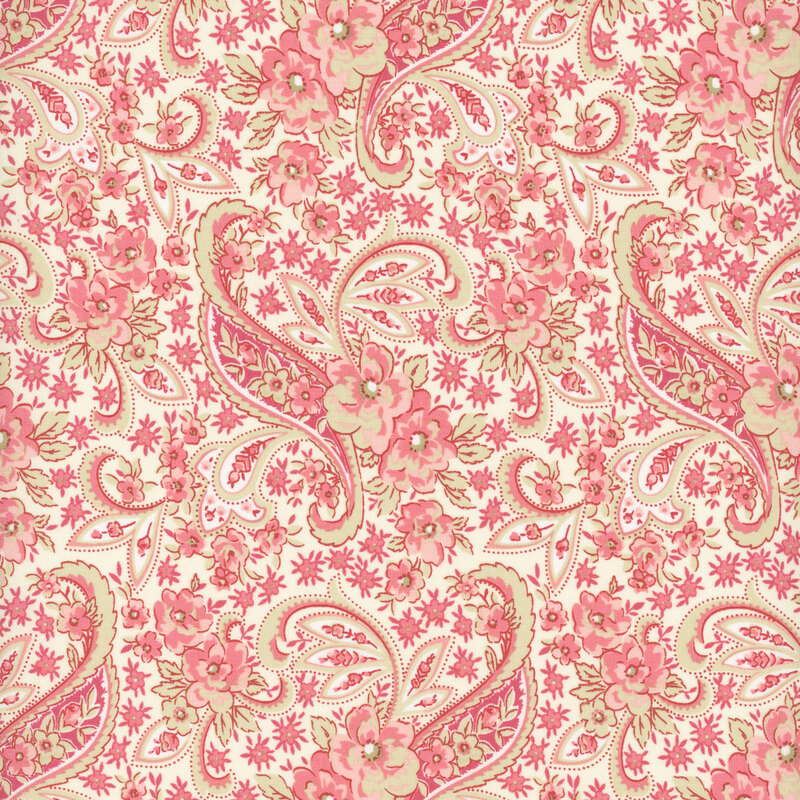 An ivory fabric with a sage green and rosy pink floral paisley design.