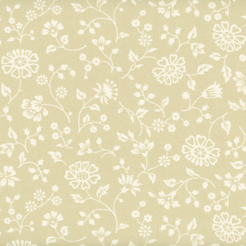 Almond tan fabric with a spaced pattern of light cream beige florals and vines.