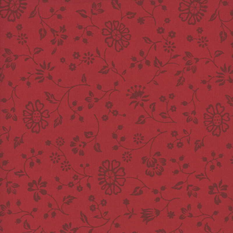 Crimson fabric with a spaced pattern of dark maroon florals and vines.