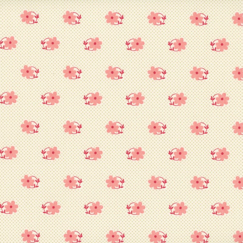Cream beige fabric patterned with tiny tan pin-dots and pink daisies with magenta circular stems.