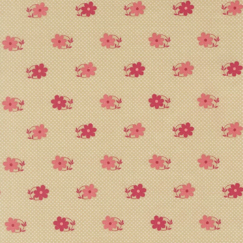 Almond tan fabric patterned with tiny cream pin-dots and pink and magenta daisies with magenta circular stems
