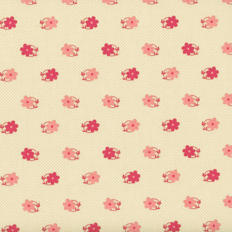 Almond tan fabric patterned with tiny cream pin-dots and pink and magenta daisies with magenta circular stems.