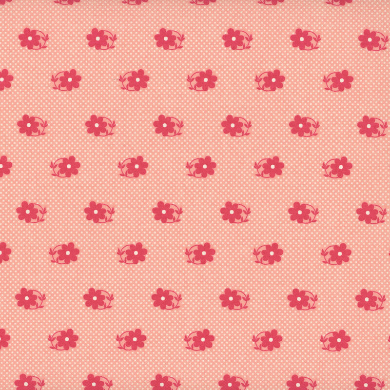 Pink fabric patterned with tiny white pin-dots and magenta daisies with circular stems.