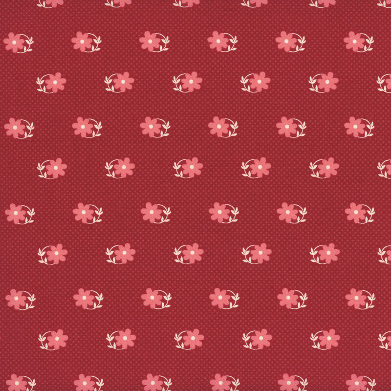 Cherry red fabric patterned with tiny pink pin-dots and magenta daisies with white circular stems.