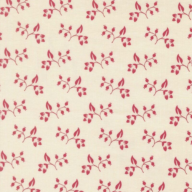 Cream beige fabric with tossed magenta floral stems 