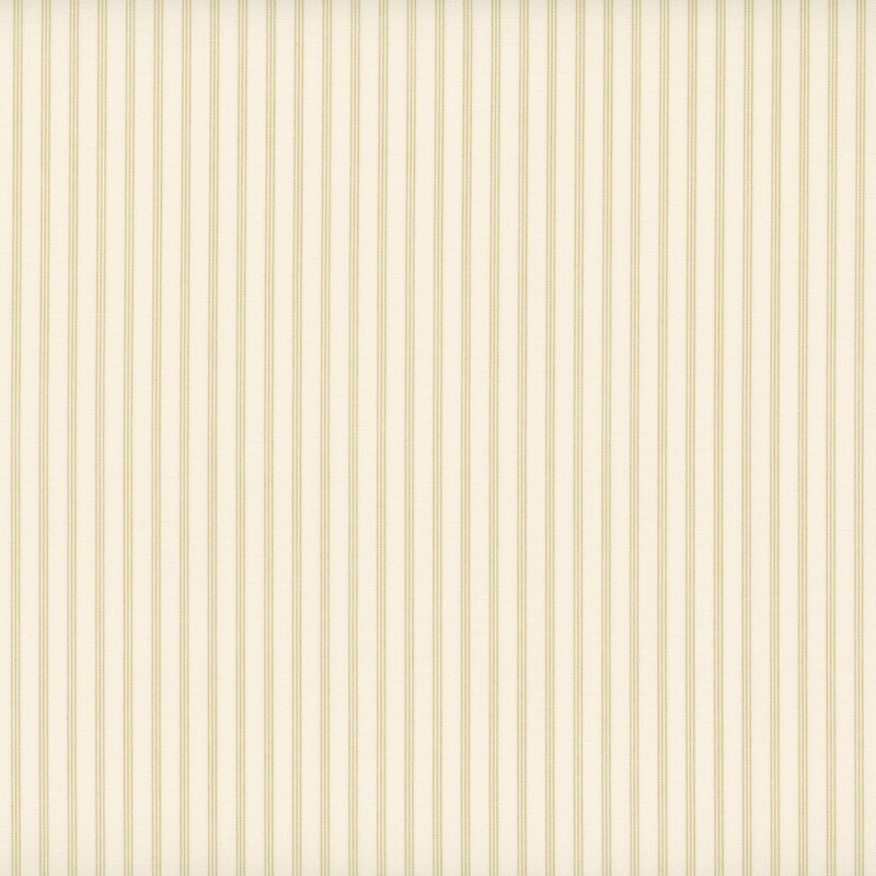 Vertical ticking stripes in tan on cream beige fabric.