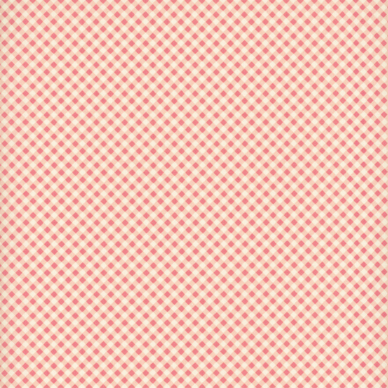 Ivory fabric with a small, pink diagonal gingham. 