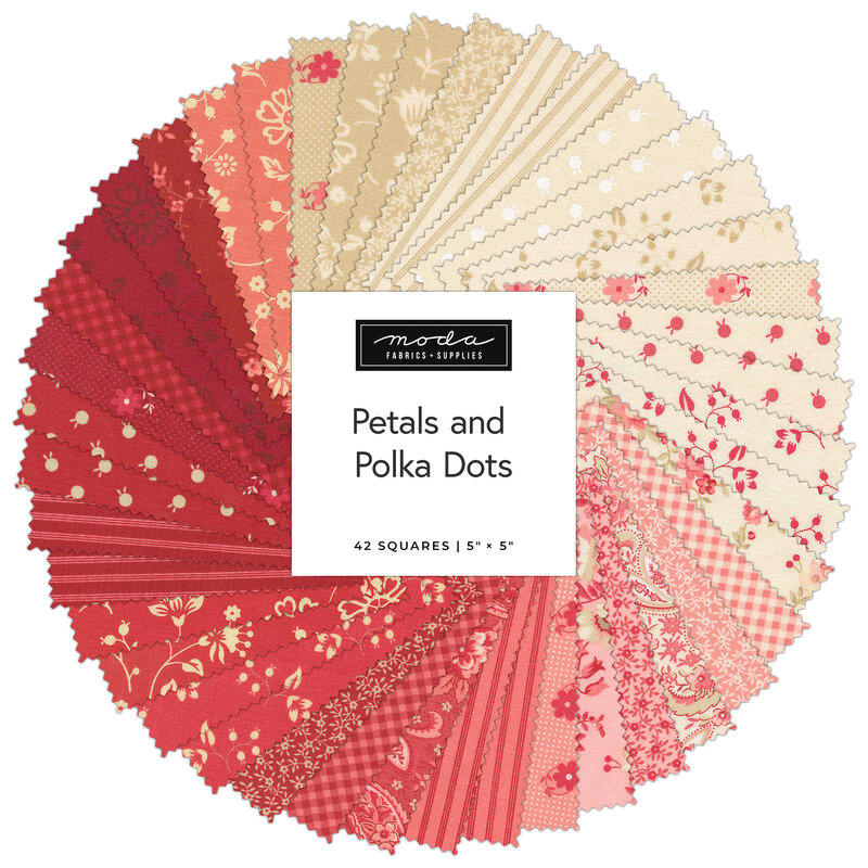 Circular collage of fabrics in the collection in beige, cream, pink, salmon, and red featuring florals, polka dots, and stripes 