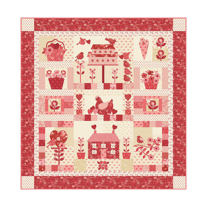 A digital mockup of the finalized Petals and Polka Dots quilt, featuring hearts, houses, and birds, in red, cream, and pink fabrics.