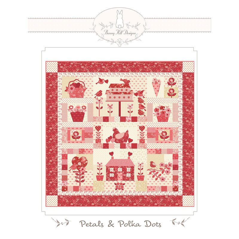 Front of Petals and Polka Dots BOM Quilt pattern depicting a digital example of the finished quilt featuring a cottage, birdhouse, and floral motifs