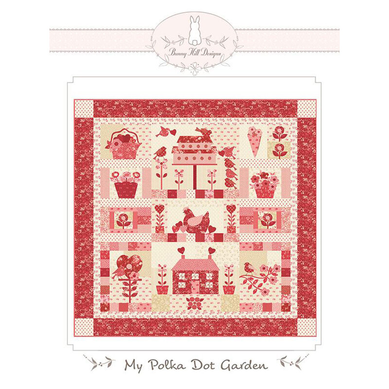 Front of Petals and Polka Dots BOM Quilt pattern depicting a digital example of the finished quilt featuring a cottage, birdhouse, and floral motifs