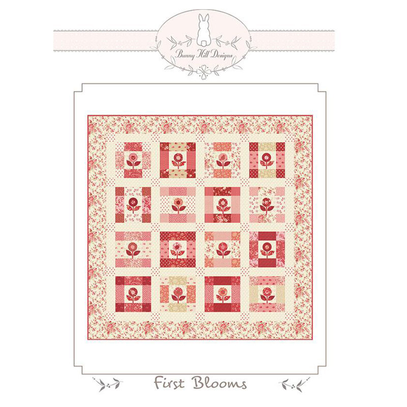 Front of the First Blooms Quilt pattern depicting a digital example of the finished quilt with tulip blocks and a floral border