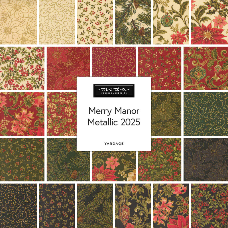 A collage of fabrics included in the Merry Manor Metallic 2025 collection with cream, red, green, and black fabrics with a Christmas theme.