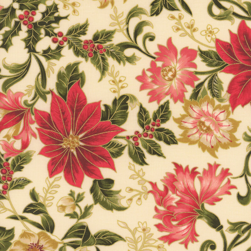 Cream fabric featuring large poinsettias, elegant flowers, and holly with gold metallic accents.