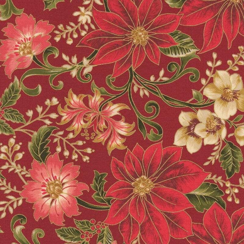 Deep red fabric featuring large poinsettias, elegant flowers, and holly with gold metallic accents.