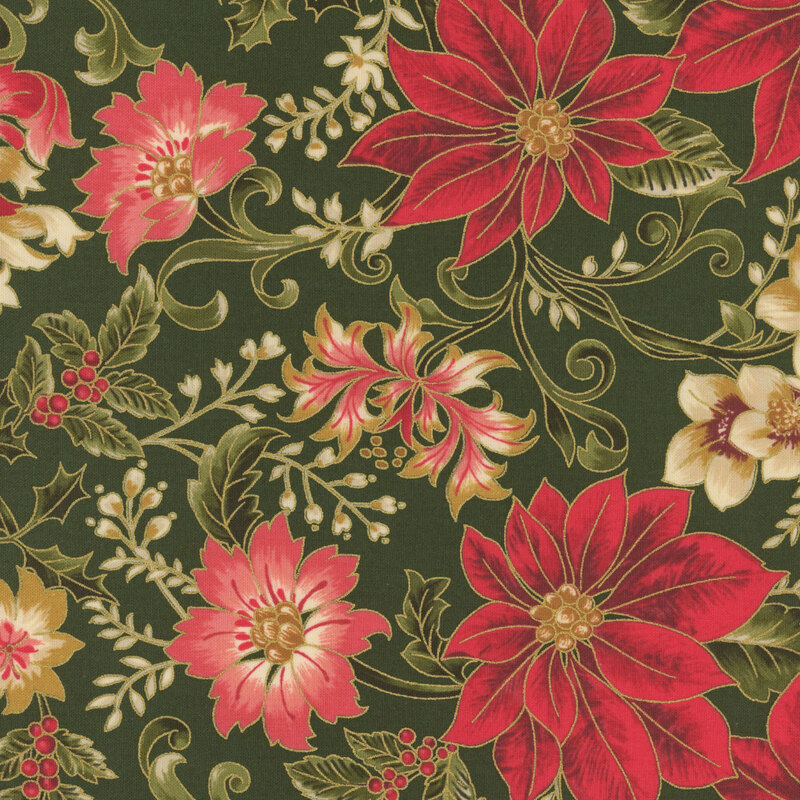 Forest green fabric featuring large poinsettias, elegant flowers, and holly with gold metallic accents.